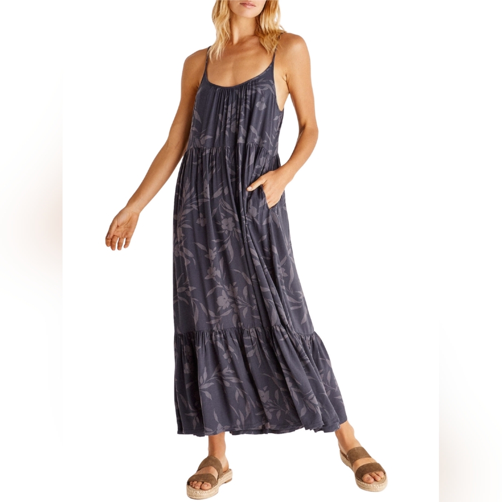 Z Supply Lido Floral Shadow Blue/Grey Ruffled Tiered Maxi Sundress Size Medium